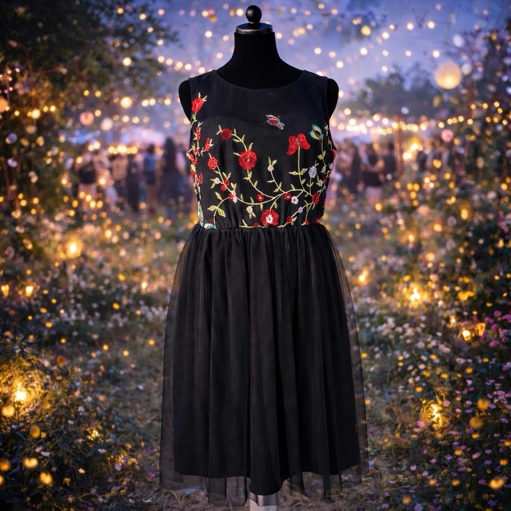 Candalate Dress Women (S) Embroidered Mesh Floral Romantic Whimsical Fairy Artsy
